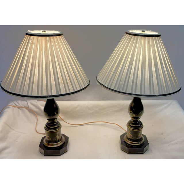 Chinoiserie Vintage Wood Table Lamps With Gold Painted Chinoiserie Designs- A Pair For Sale - Image 3 of 15