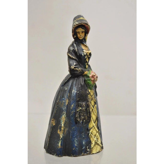 Victorian Antique Victorian Cast Iron Figural Colonial Woman Blue Dress Painted Door Stop For Sale - Image 3 of 9
