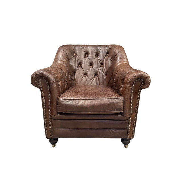 English Restoration Hardware Distressed Leather Club Chair – Tufted English Library Lounge Chair With Rolled Arms & Brass Casters For Sale - Image 3 of 17
