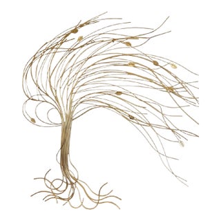 Vintage Mid Century Modern Curtis Jere Style Metal Gold Windswept Willow Tree Wall Sculpture For Sale