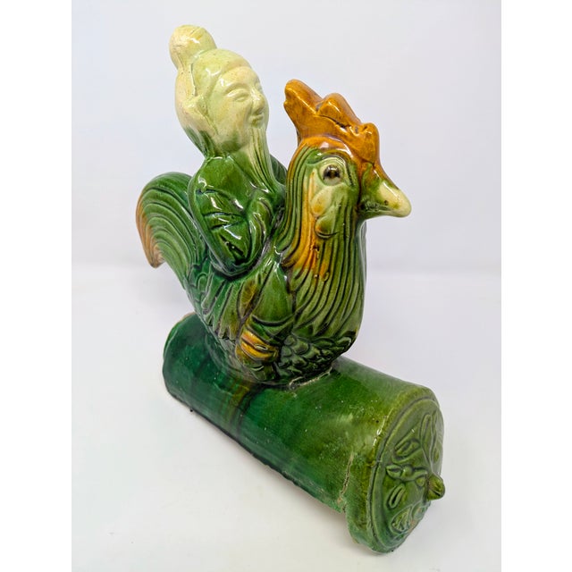 Ceramic Antique Chinese Qing Dynasty Sancai-Glazed Roof Tile: Immortal Riding Rooster For Sale - Image 7 of 9