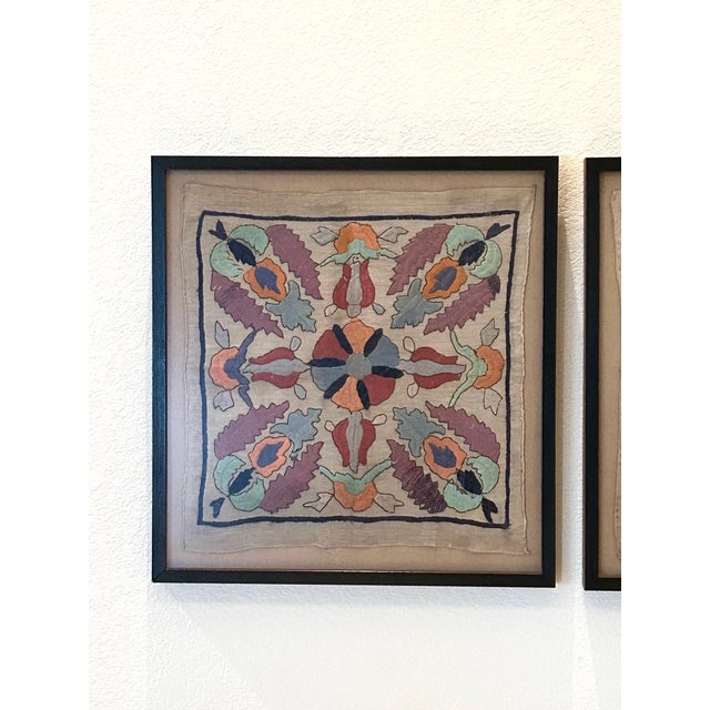 Pair Framed Antique Art’s & Crafts Hand-Embroidered Floral Motif on Linen Textiles Professionally Framed Non-Glare Glass...