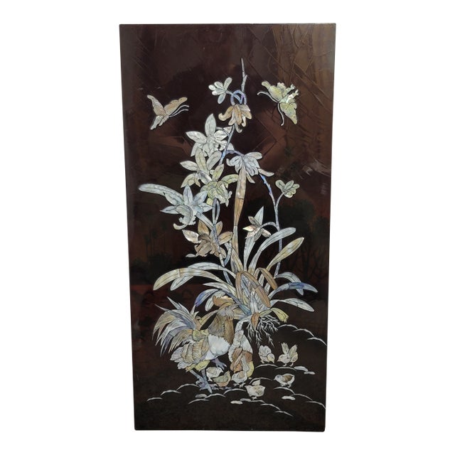 Vietnamese Mother-of-Pearl Inlay Lacquer Panel With Rooster, Orchids & Butterflies For Sale