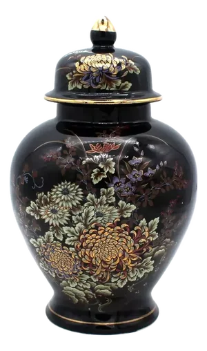 Vintage Porcelain Ginger Jar Vase Black Gold Chrysanthemum Japan