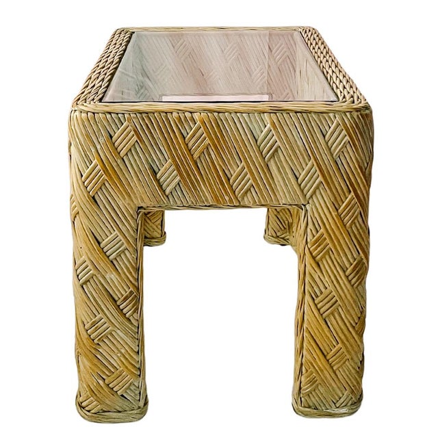 Wood 1980s Organic Modern Crosshatch Woven Rattan & Glass End Tables in the Style of Maitland-Smith – Pair For Sale - Image 7 of 12