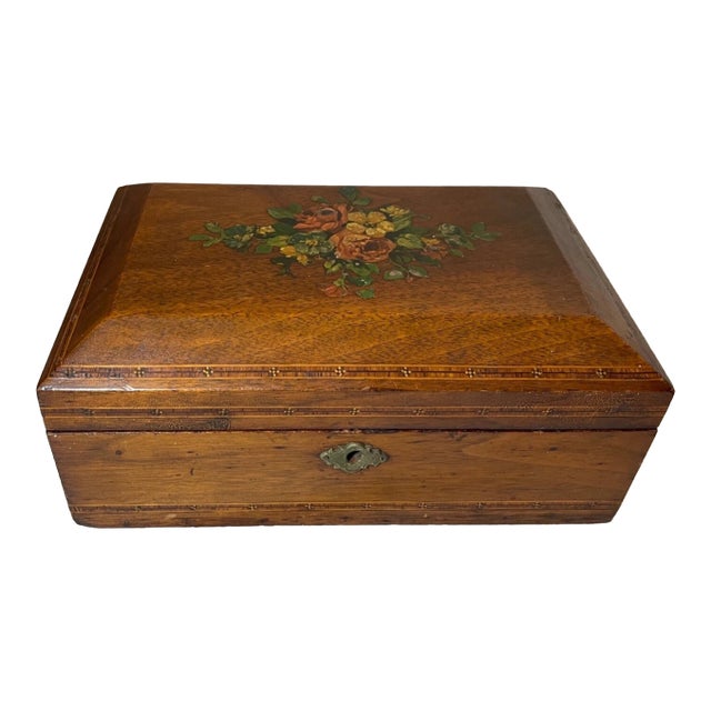 Antique 19th Century Handmade Inlaid Marquetry Painted Wood Wooden Jewelry Box For Sale