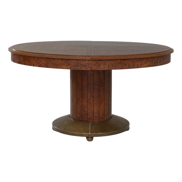 1920s French Oval Art Deco Dining Table With Inlaid Top and Brass Base For Sale