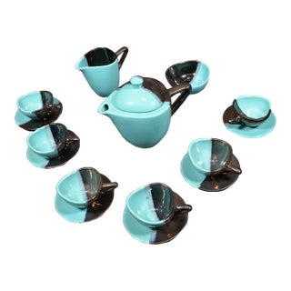 Mid 20th Century Vallauris – Black and Turquoise Blue Faience Coffee Set - 15 pcs For Sale