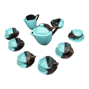 Mid 20th Century Vallauris – Black and Turquoise Blue Faience Coffee Set - 15 pcs