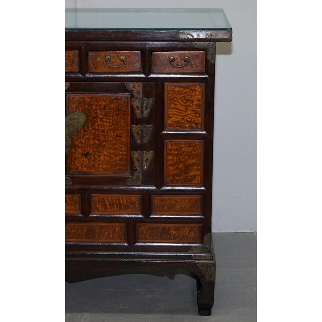 Antique Chinese Burr Elm & Brass Engraved Sideboard For Sale - Image 10 of 18