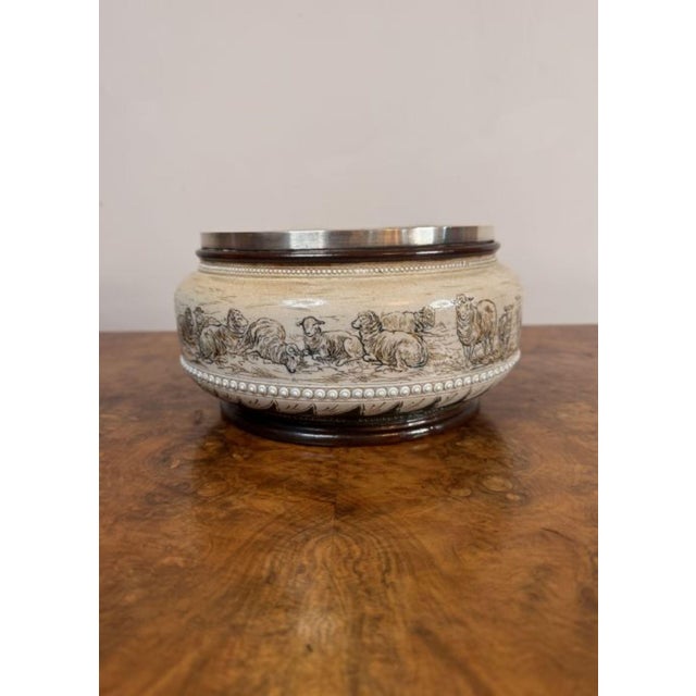 Antique Silver Rimmed Stoneware Bowl by Hannah Barlow for Royal Doulton, 1880 For Sale - Image 3 of 7