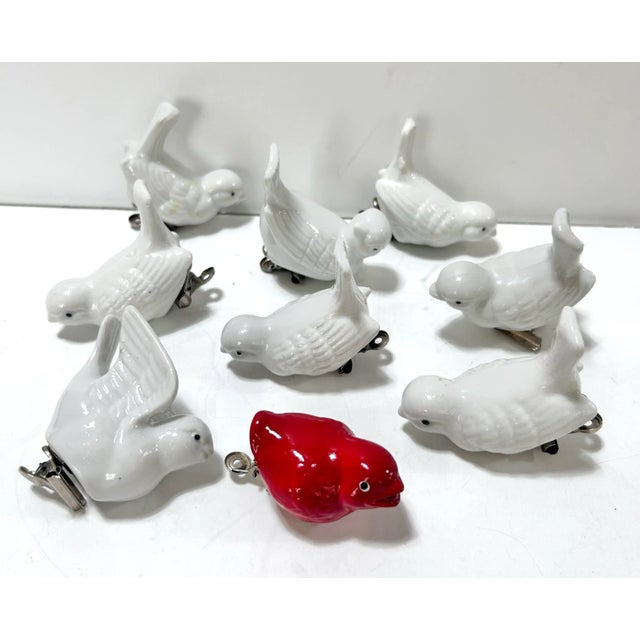 1980s Vintage Ceramic Clip-on Bird Ornaments – Mid Century Tree Decorations, Set of 9 For Sale - Image 5 of 7