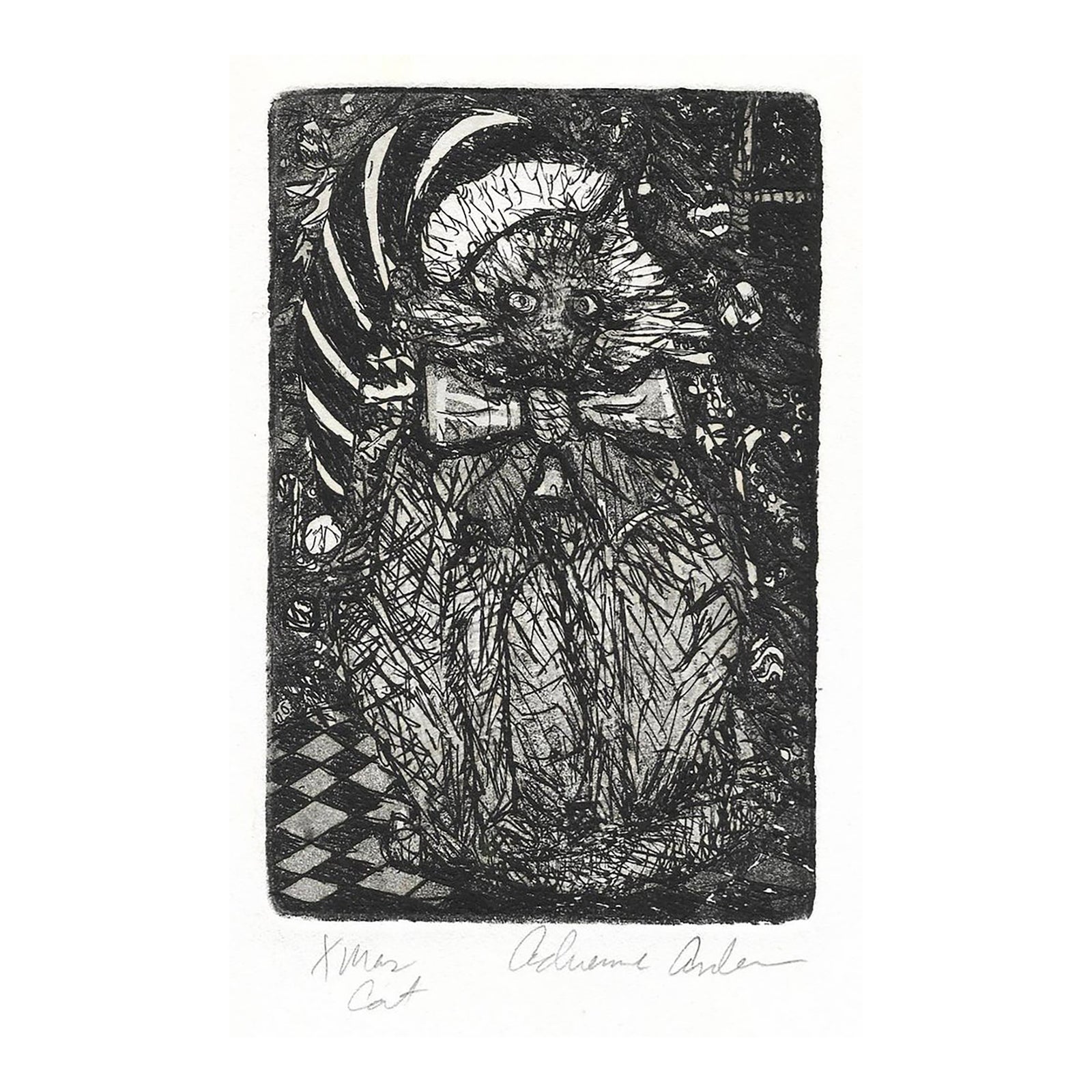 1983 Christmas Cat Etching by Adrienne Anderson | Chairish