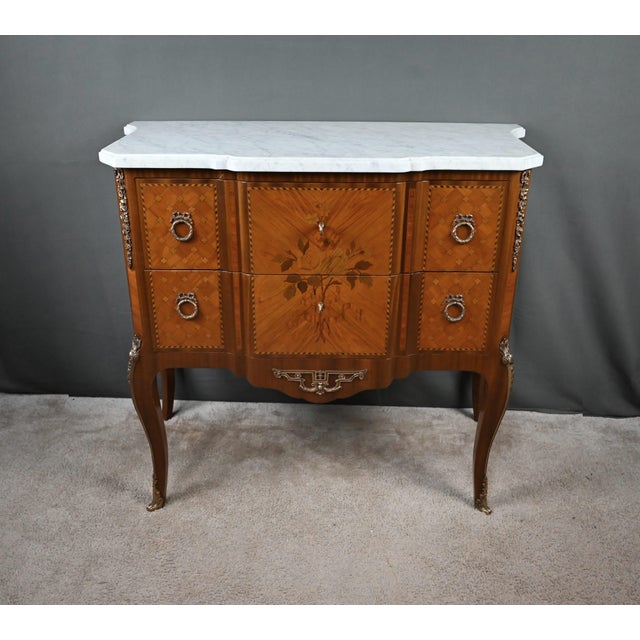 Mid-Century Louis XV-Louis XVI Transition Style Marquetry Commode For Sale - Image 14 of 18