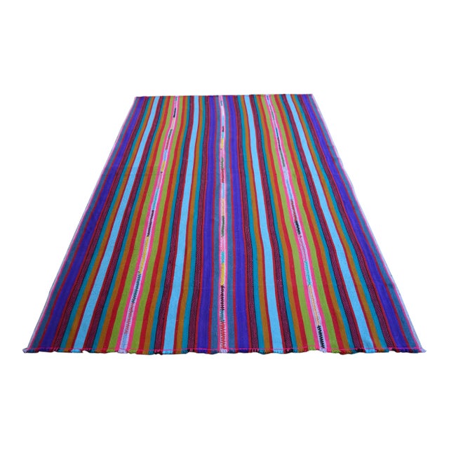 Bright Multi Color Striped Turkish Rug, 5'6x8'6 Authentic Village Kilim, Mid Century Modern Home Decor For Sale