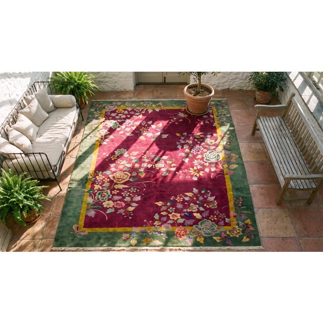 1920s Red Burgundy Floral Antique Chinese Art Deco Carpet 9' X 11'7" Knotted Wool Rug For Sale - Image 13 of 15