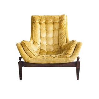 Mid-Century Yellow Velvet Tufted Bucket Chair For Sale