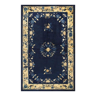 1930s Floral Inlay Antique Open Field Medallion Small Navy Chinese Peking Rug For Sale