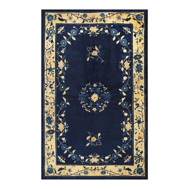 1930s Floral Inlay Antique Open Field Medallion Small Navy Chinese Peking Rug For Sale