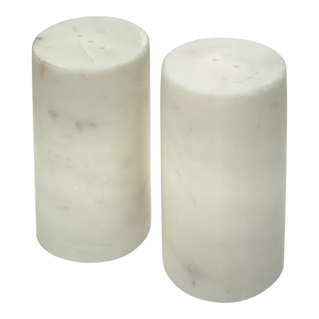 Cylindrical Honed Carrara Marble Salt & Pepper Shakers For Sale