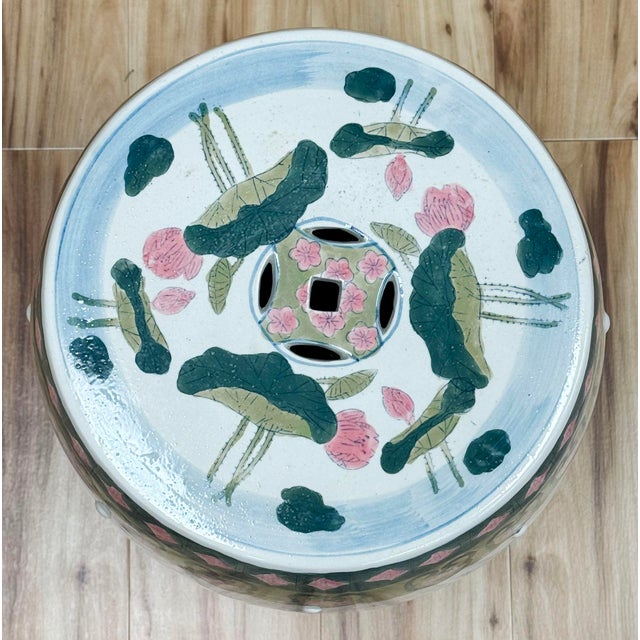 Ivory Vintage Ceramic Lily Pad Motif Garden Stool For Sale - Image 8 of 10