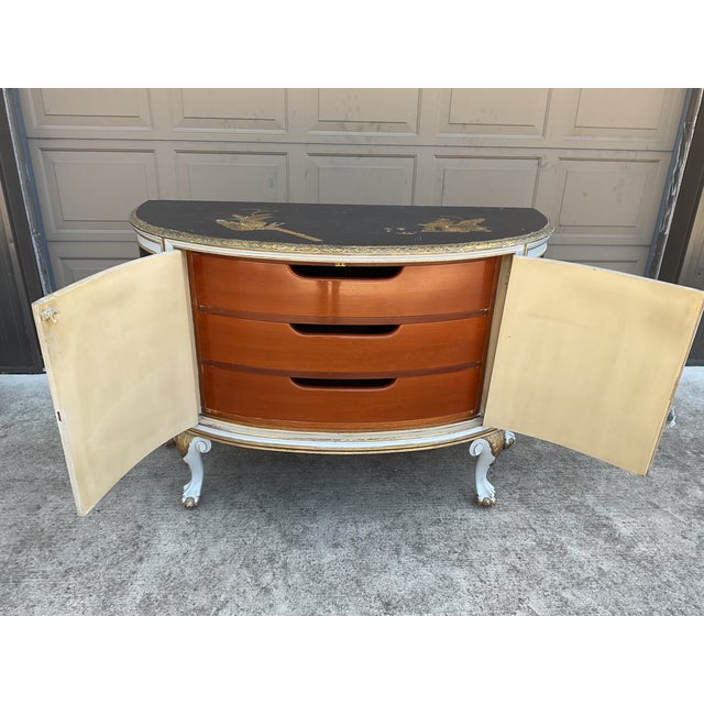 Hampton Shops produced furniture in the beginning of the 1900s. Red clay base underneath the paint. Mother of Pearl...