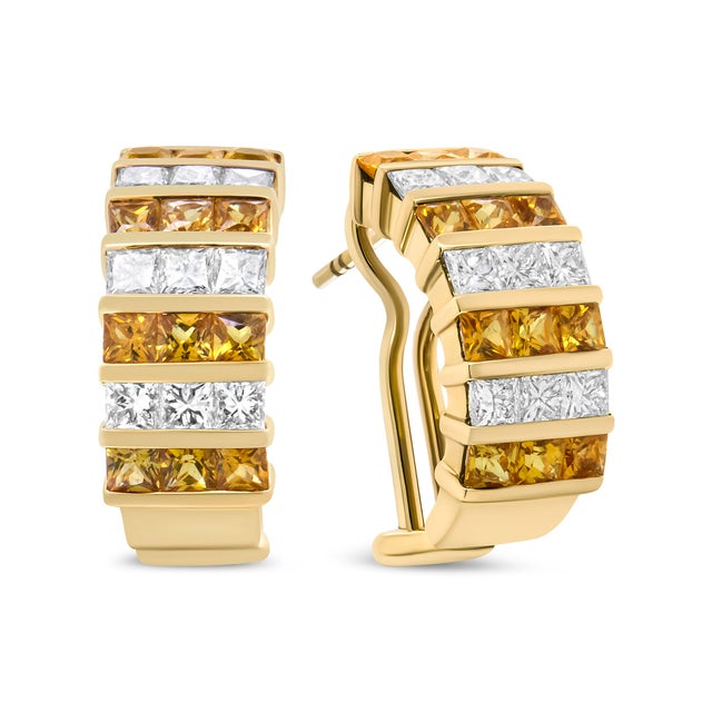 Contemporary 18K Yellow Gold 1 3/4 Cttw Invisible Set Princess Cut Diamond and 2.5mm Yellow Sapphire Huggie Hoop Earrings (F-G Color, VS1-VS2 Clarity) For Sale - Image 3 of 6