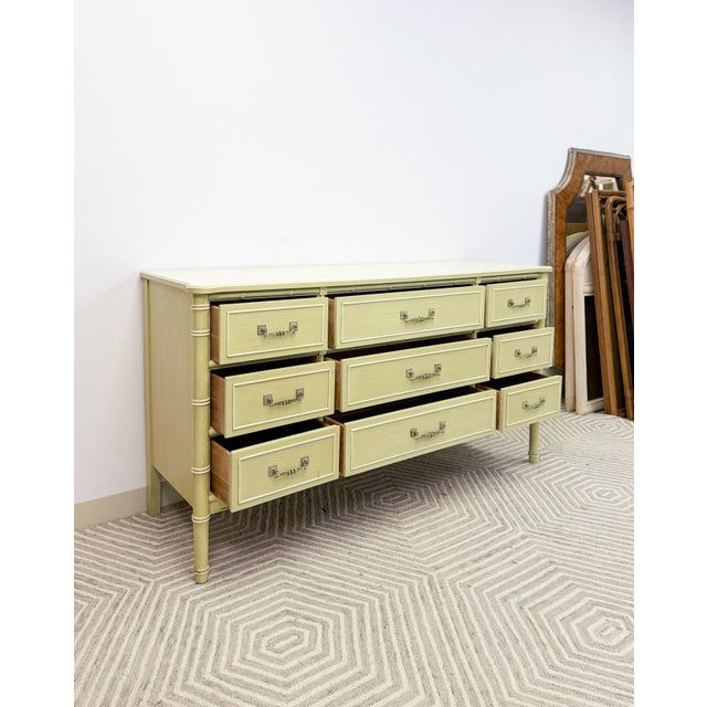 Late 20th Century Henry Link Bali Hai 9 Drawer Dresser Green W/ Mirror Regency Vintage For Sale - Image 11 of 18