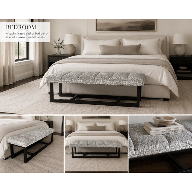 2010s Bespoke Cut Velvet Gray Ottoman Bench With Architectural Metal Base For Sale - Image 5 of 6