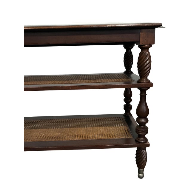 Vintage Baker Milling Road British Colonial Style Three-Tier Stand With Cane Shelves For Sale - Image 10 of 12