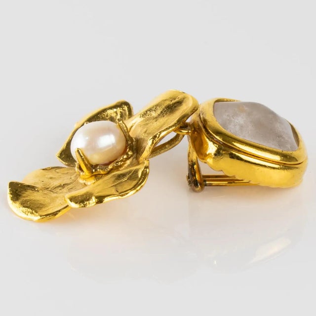 Gold Robert Goossens Gilded Metal Floral Clip Earrings with Pearls and Rock Crystal For Sale - Image 8 of 8