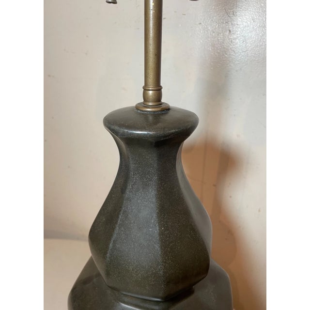 Large Vintage Chinese Dark Green Glaze Pottery Brass Gilt Wood Base Table Lamp For Sale - Image 4 of 17