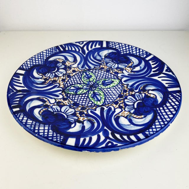 Large Spanish Handpainted Blue Ceramic Plate, 1950s For Sale - Image 3 of 11