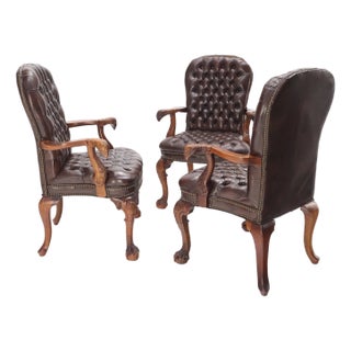 Brown Leather Chesterfield Backs & Seat Carved Walnut Armchairs Fireside Chairs For Sale