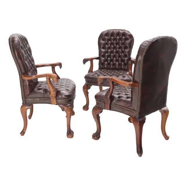 Brown Leather Chesterfield Backs & Seat Carved Walnut Armchairs Fireside Chairs For Sale