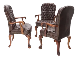 Brown Leather Chesterfield Backs & Seat Carved Walnut Armchairs Fireside Chairs