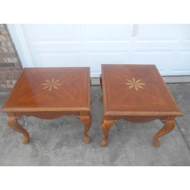 Traditional Beautiful Vintage Handcarved Pair of Side Tables With Satinwood Inlays For Sale - Image 3 of 9