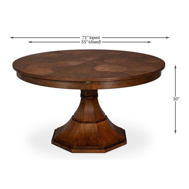 Transitional Round Dining Table, Medium - Warm Brown Oak With Faceted Pedestal Base For Sale - Image 11 of 11