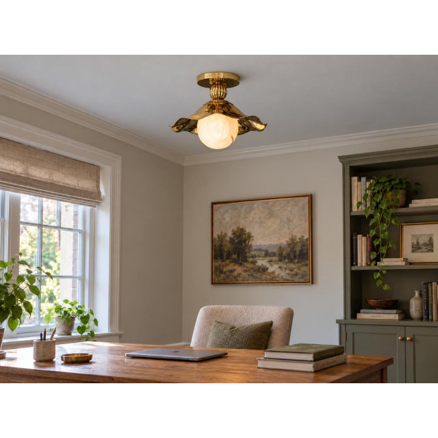 Wavy Brass Flush Mount Light With Alabaster Globe For Sale - Image 11 of 13