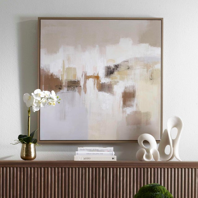 Daybreak's Composition Is Built With Broad, Vertical Strokes Of Beige, White, And Shades Of Brown. Subtle Hints Of Pale...