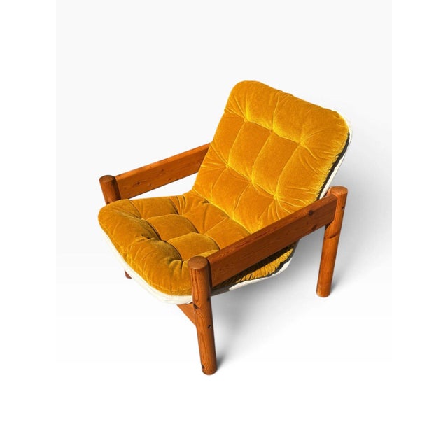 Danish Modern Solid Pine Lounge Armchair | New Canvas Sling & Mustard Velvet Cushion | C. 1970s For Sale - Image 6 of 11