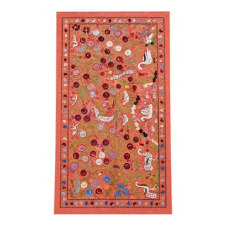 Coral Silk Suzani Wall Decor With White Cranes For Sale