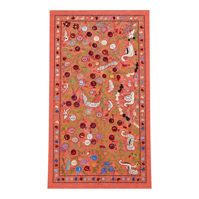 Coral Silk Suzani Wall Decor With White Cranes For Sale