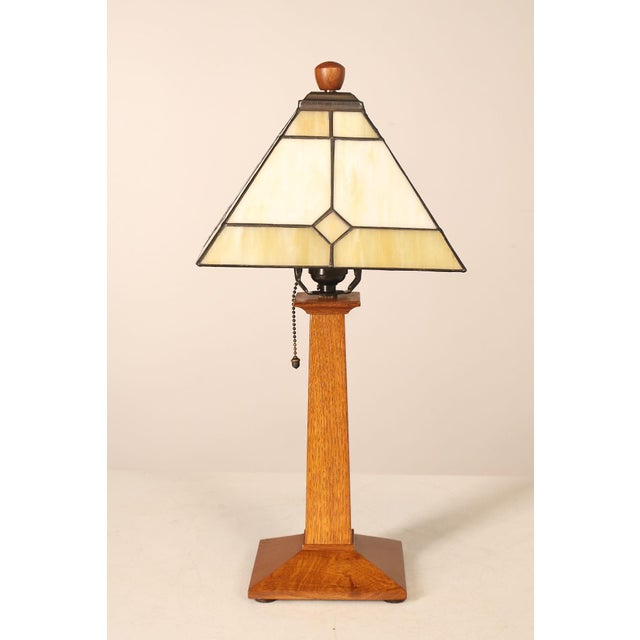 Stickley Mission Collection Oak Table Lamp with Art Glass Shade For Sale - Image 16 of 18