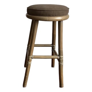 1970s McGuire Bamboo Rawhide Bar Stool Suede Cushion 31”h San Francisco Vintage Rattan For Sale