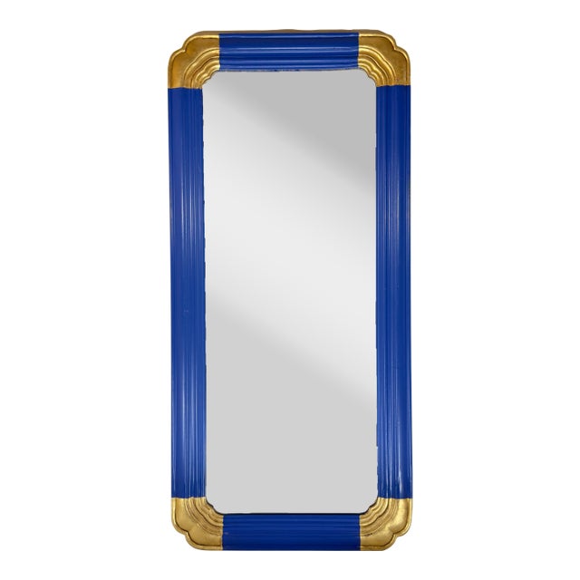 Vintage Mid-Century Chinoiserie Hollywood Regency Customized Newly Painted Blue and Hand-Gilt Wall Mirror For Sale