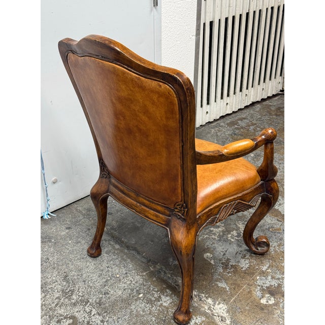 Venetian Leather Bespoke Carved Wood Armchair, Vintage For Sale In San Francisco - Image 6 of 12