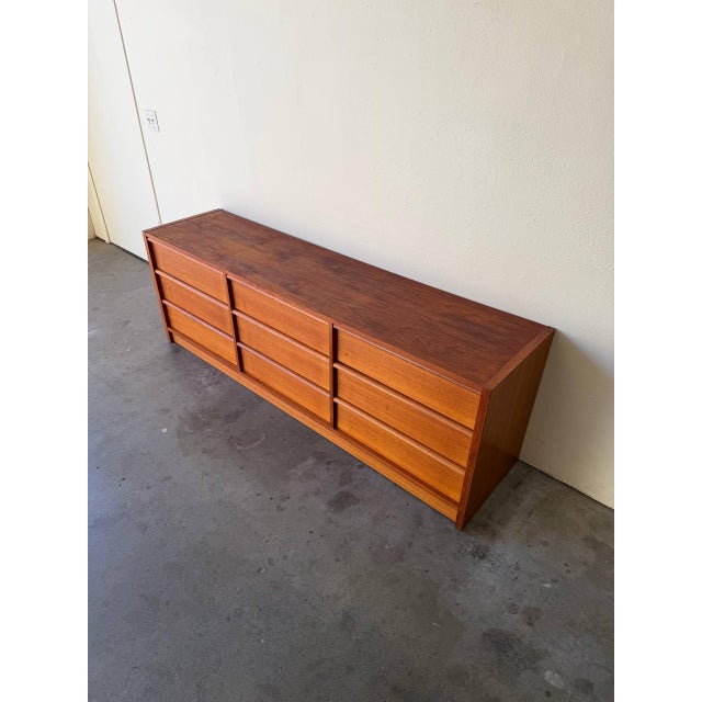 1960s Mid Century Danish Teak 9 Drawer Dresser Long Lowboy For Sale - Image 4 of 11