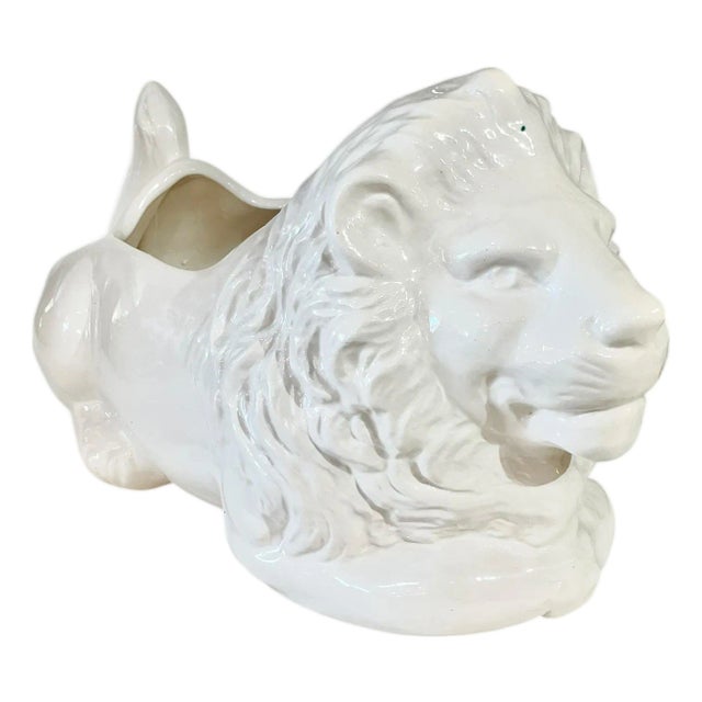 Vintage Hollywood Regency White Ceramic Lion Planter For Sale