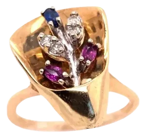 14 Karat Yellow and White Gold With Semi Precious Stones Freeform Ring, Size 8